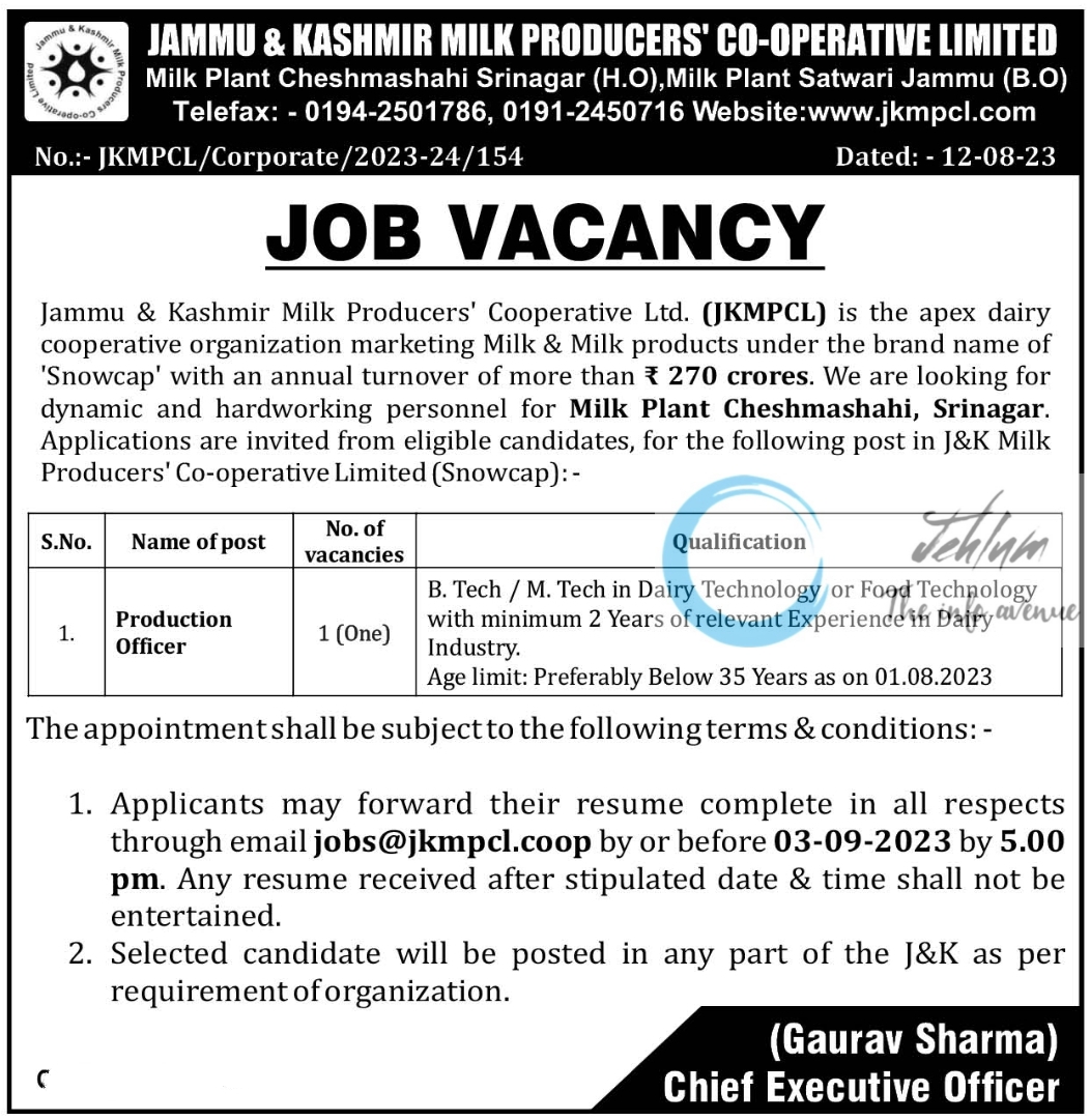 JKMPCL Srinagar Production Officer Jobs Notification 2023