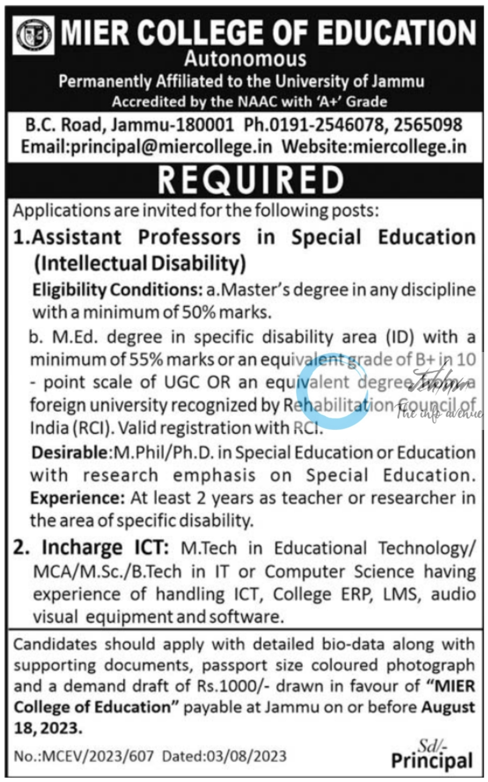 MIER COLLEGE OF EDUCATION JAMMU JOBS NOTIFICATION 2023