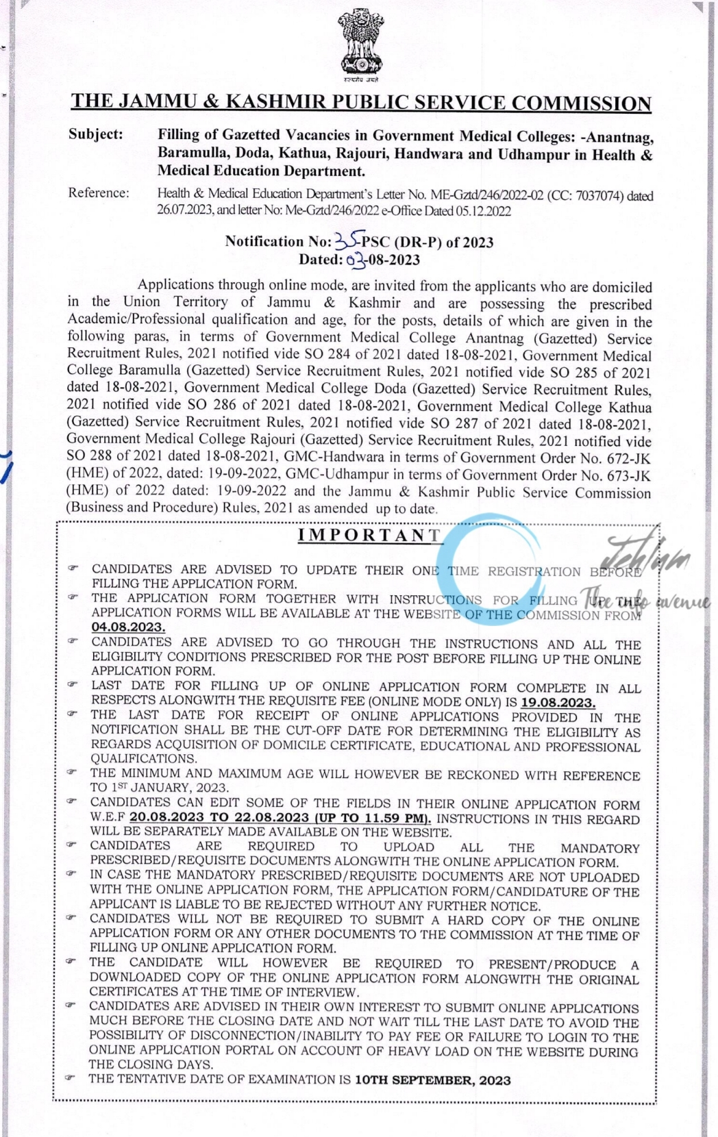 JKPSC Gazetted Vacancies in GMCs Advt Notification No 35 of 2023