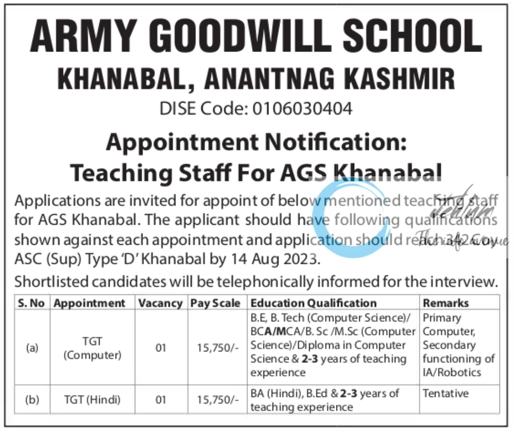 ARMY GOODWILL SCHOOL KHANABAL JOBS NOTIFICATION 2023
