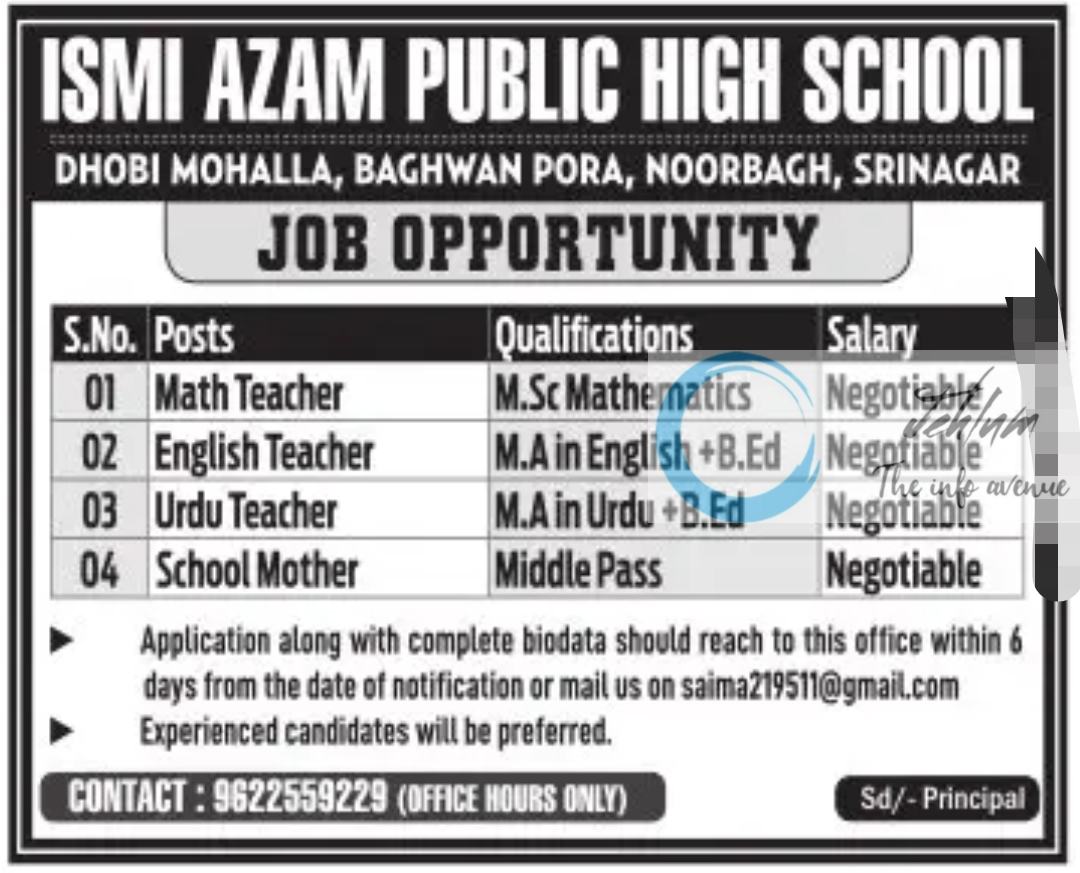 ISMI AZAM PUBLIC HIGH SCHOOL SRINAGAR JOBS NOTIFICATION 2023
