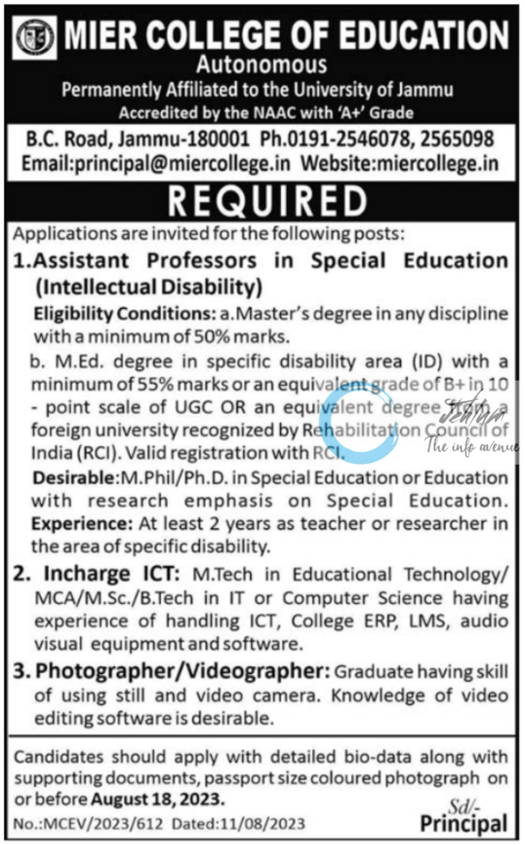 MIER COLLEGE OF EDUCATION JAMMU JOBS NOTIFICATION 2023