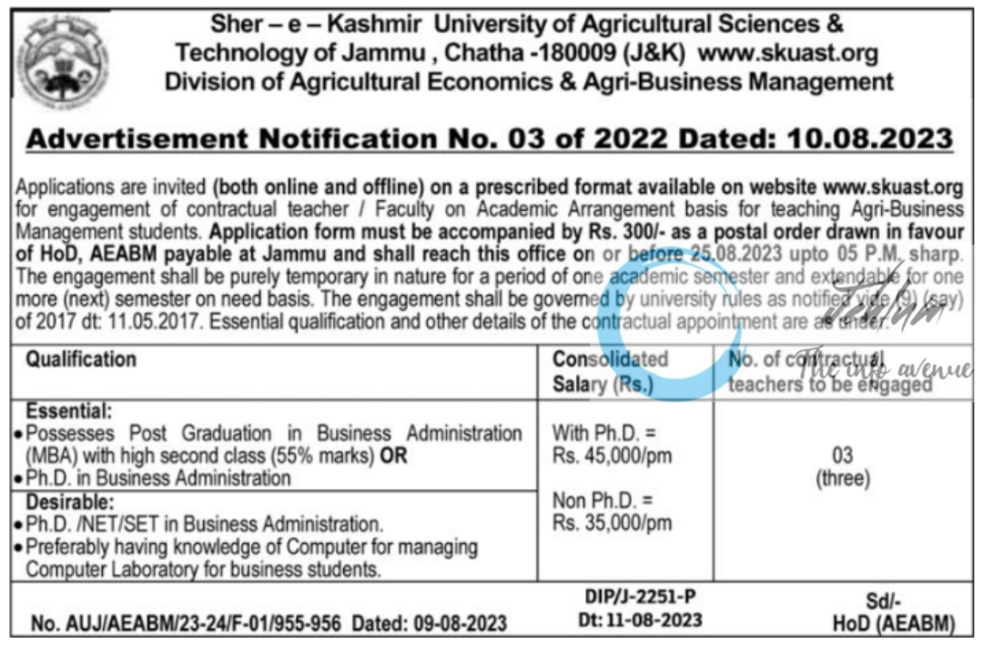 SKUAST Jammu Division of Agricultural Economics & Agri-Business Management Notification No 03 of 2022