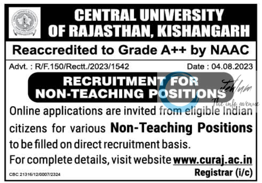 CENTRAL UNIVERSITY OF RAJASTHAN NON-TEACHING RECRUITMENT NOTIFICATION 2023