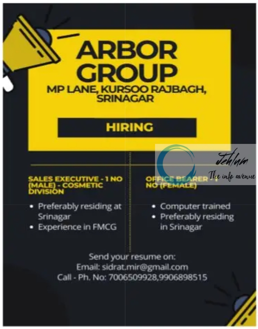 ARBOR GROUP SRINAGAR JOBS OPENINGS 2023