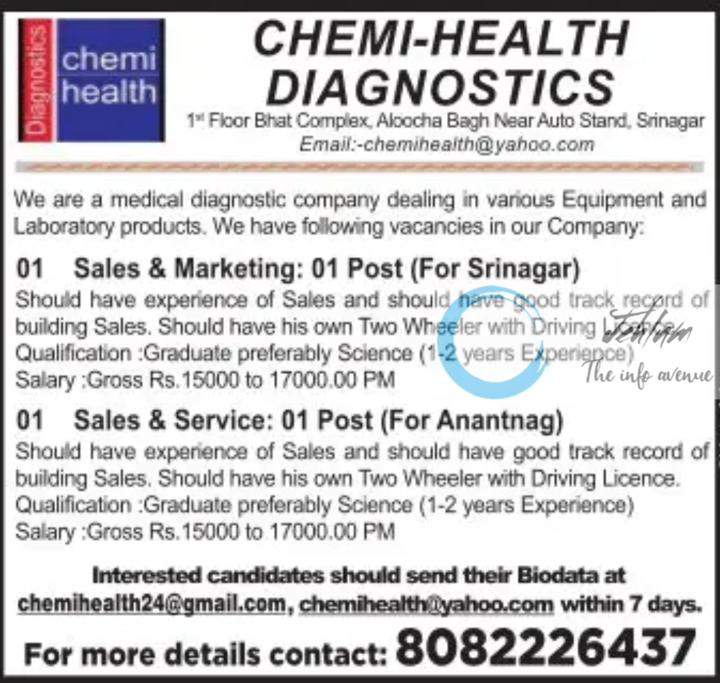 CHEMI-HEALTH DIAGNOSTICS SRINAGAR JOBS 2023