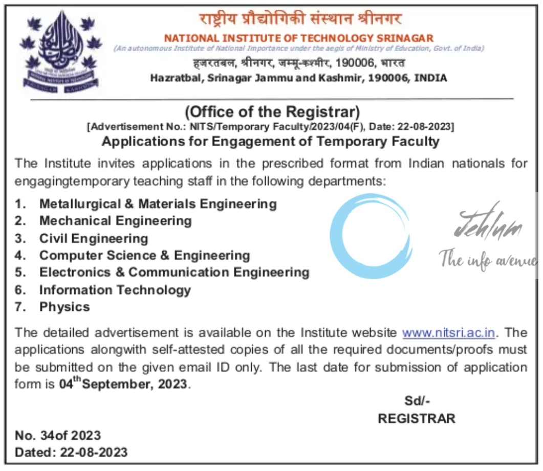 NIT SRINAGAR Engagement of Temporary Faculty Notification 2023