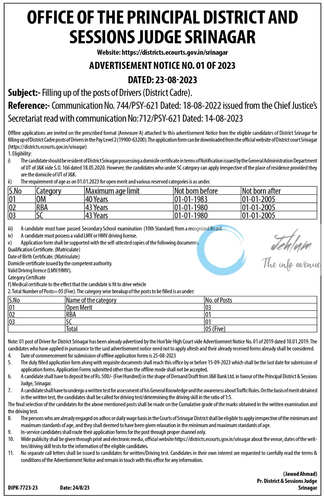 DISTRICT AND SESSIONS JUDGE SRINAGAR POSTS OF DRIVERS JOBS NOTIFICATION NO 01 OF 2023