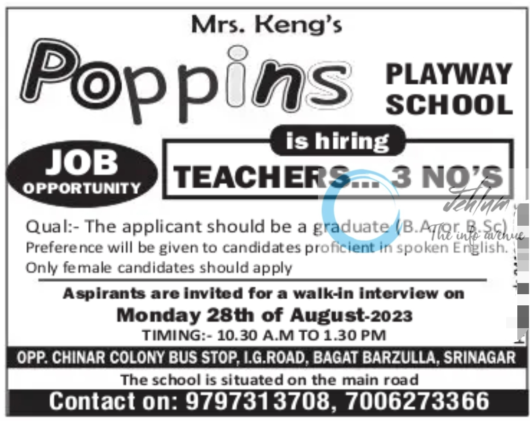Poppins Playway School Srinagar Jobs 2023