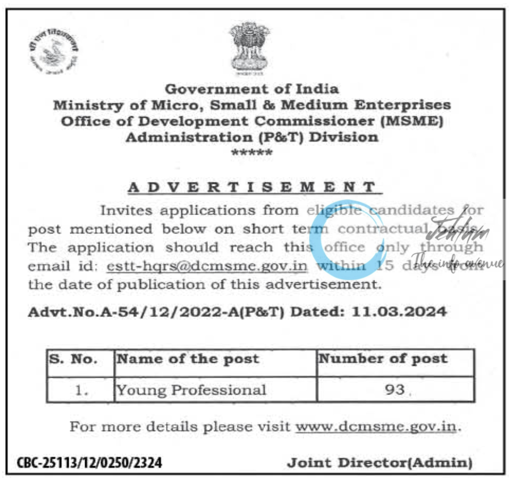 Office of Development Commissioner MSME Administration Young Professionals Advertisement Notice 2024