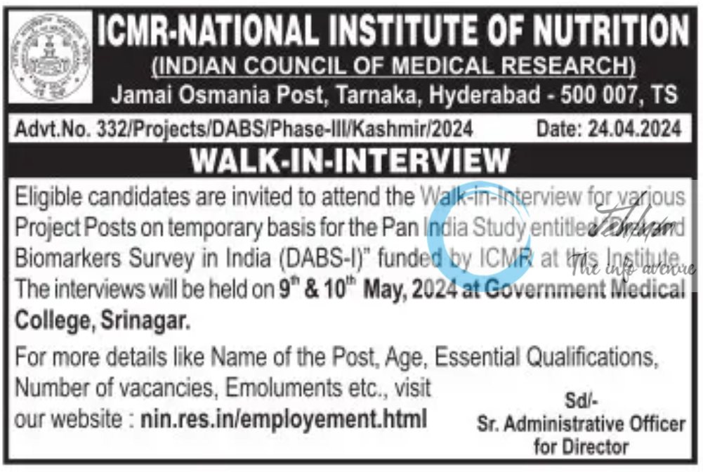ICMR-NATIONAL INSTITUTE OF NUTRITION WALK-IN-INTERVIEW ADVT NO 332 OF 2024