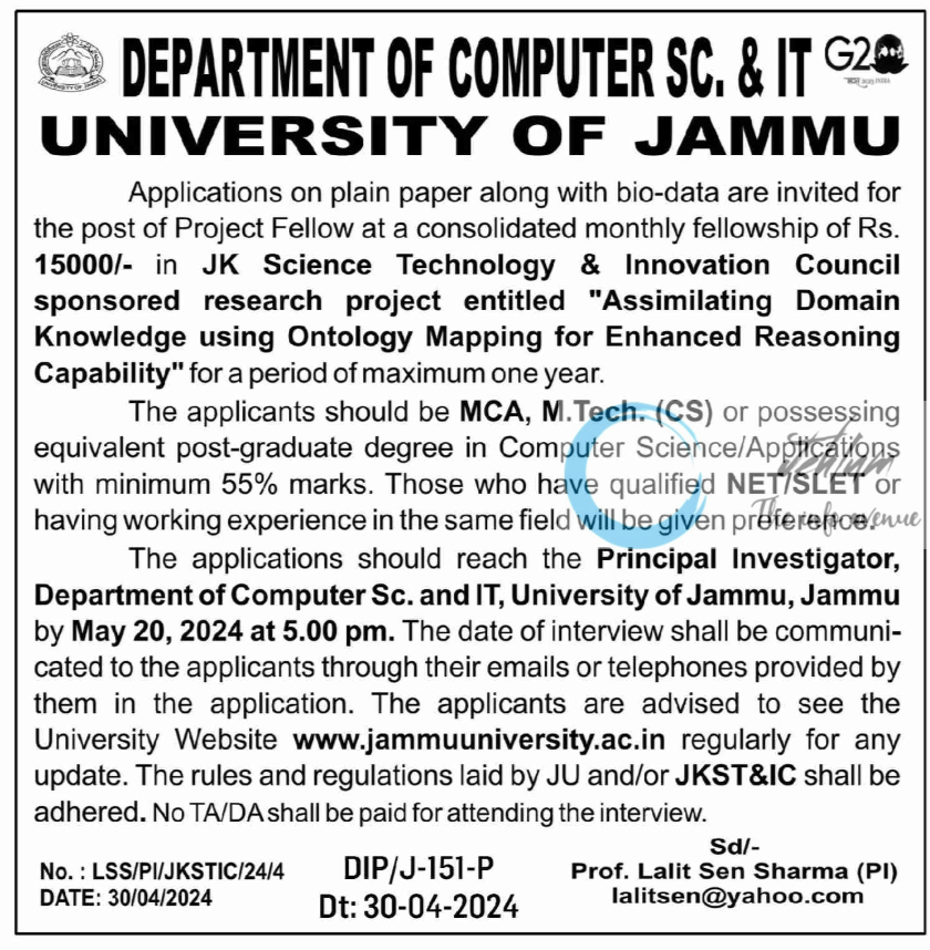 UNIVERSITY OF JAMMU DEPTT OF COMPUTER SC & IT ADVERTISEMENT NOTICE 2024