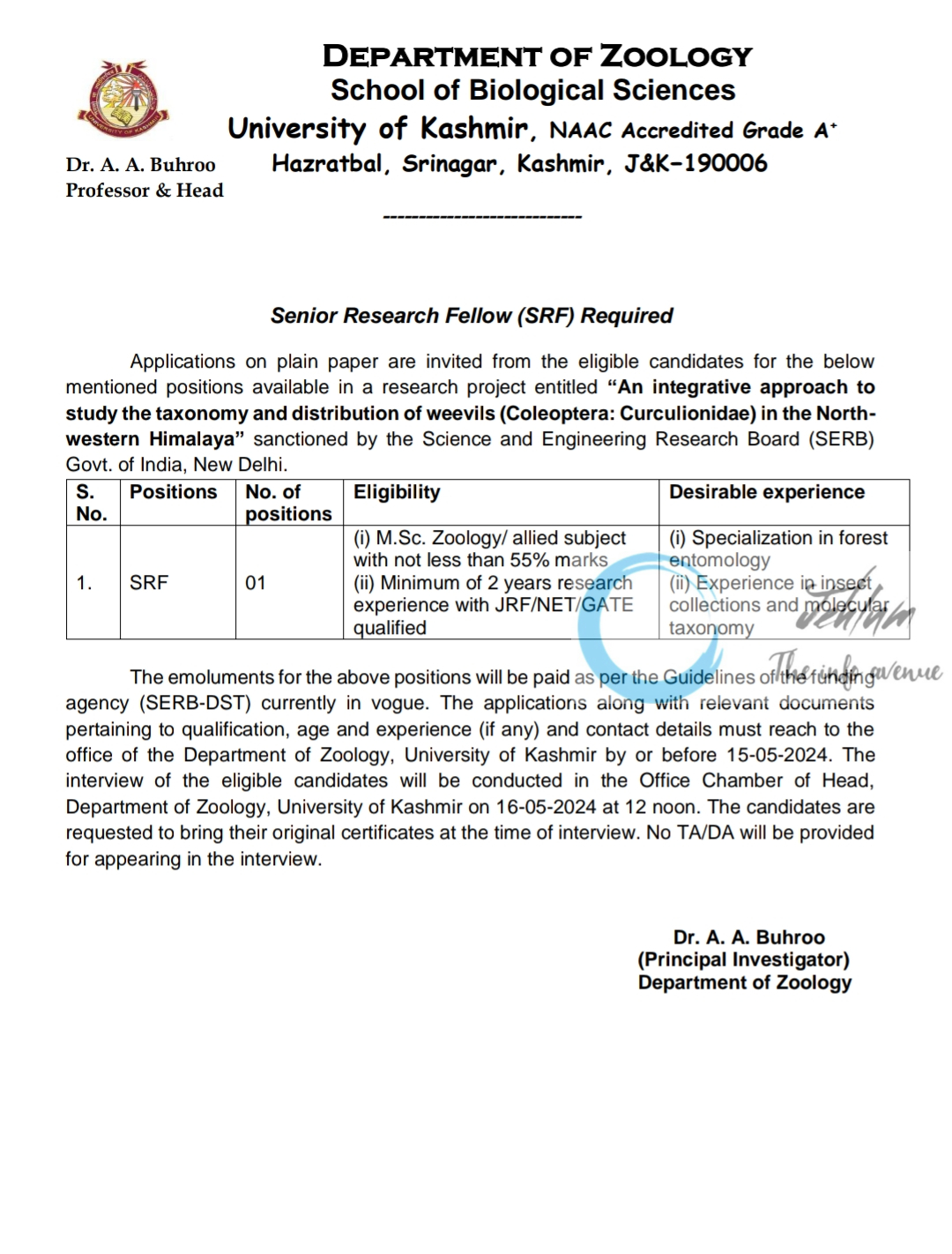 University of Kashmir Deptt of Zoology Senior Research Fellow SRF Advertisement Notice 2024