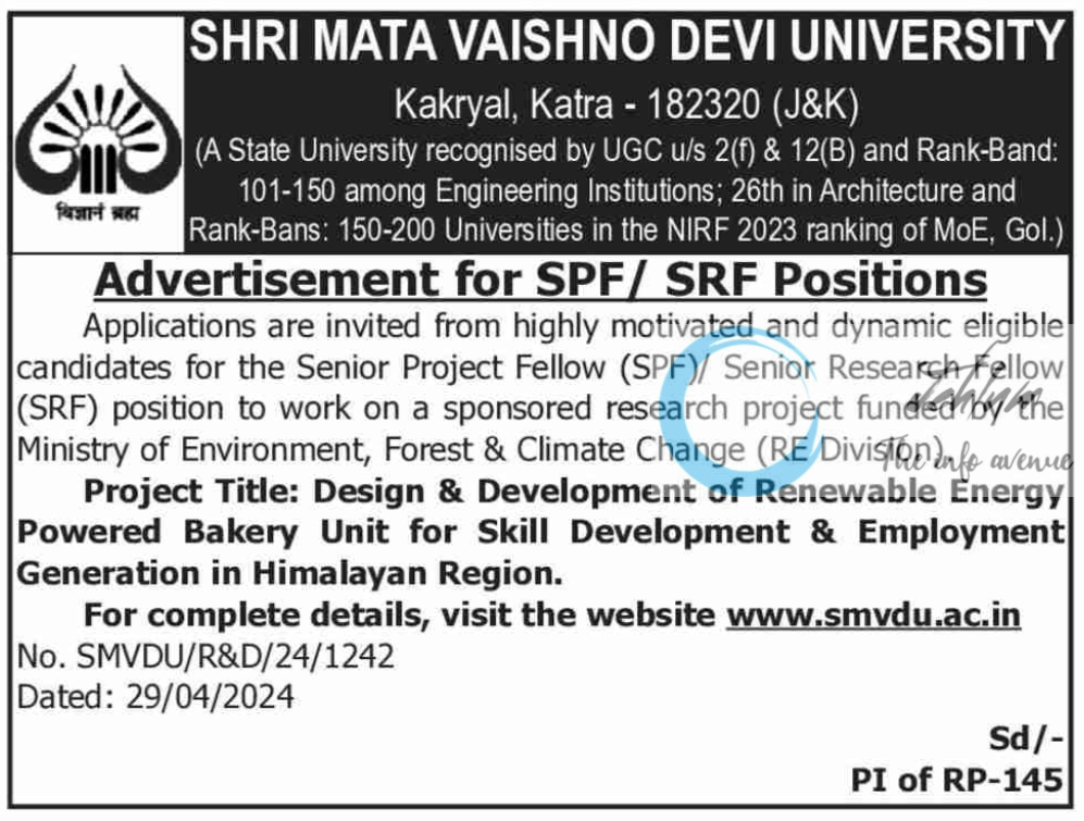 SMVDU Katra SPF SRF Advertisement Notice 2024