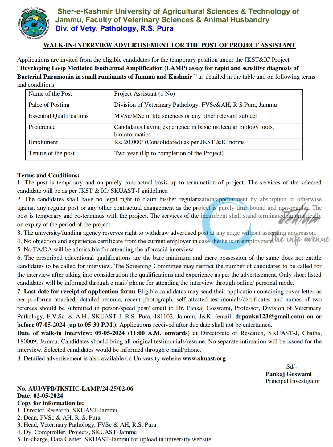 SKUAST Jammu Faculty of Veterinary Sciences Walk-in-Interview Advertisement 2024
