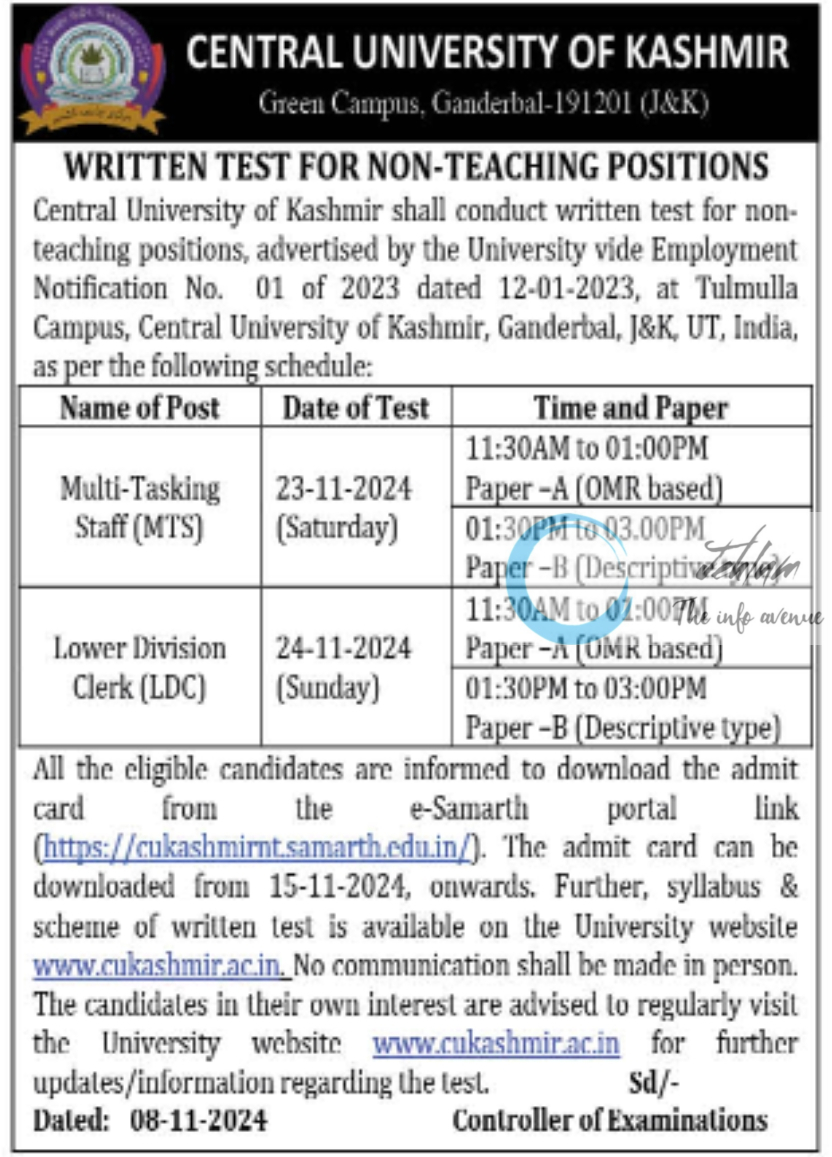 CENTRAL UNIVERSITY OF KASHMIR NON-TEACHING JOBS ADVT NO 01 OF 2023