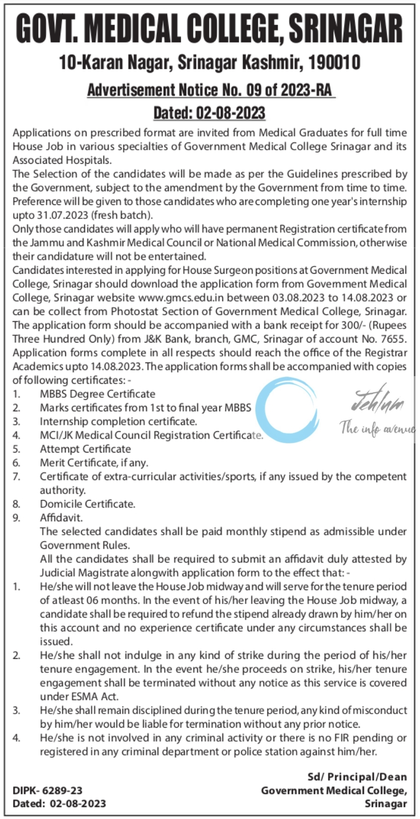 GMC SRINAGAR Jobs Advertisement Notice No 09 of 2023