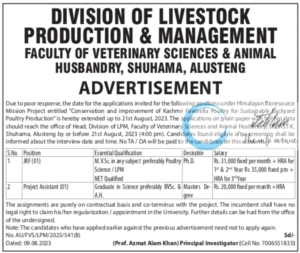 SKUAST KASHMIR DIVISION OF LIVESTOCK PRODUCTION AND MANAGEMENT JRF NOTIFICATION 2023