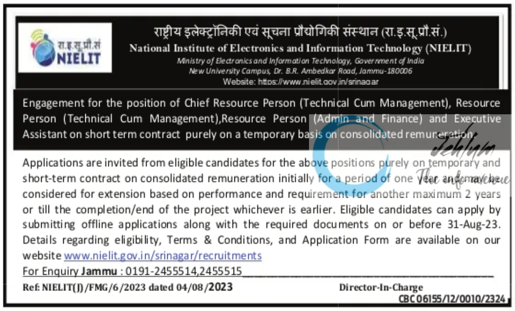 NIELIT Jammu Jobs Recruitment Notification 2023