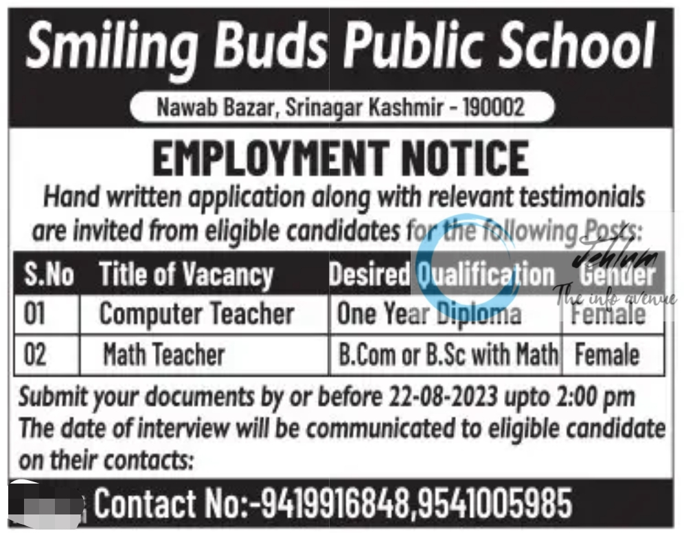 Smiling Buds Public School Srinagar Jobs Notification 2023