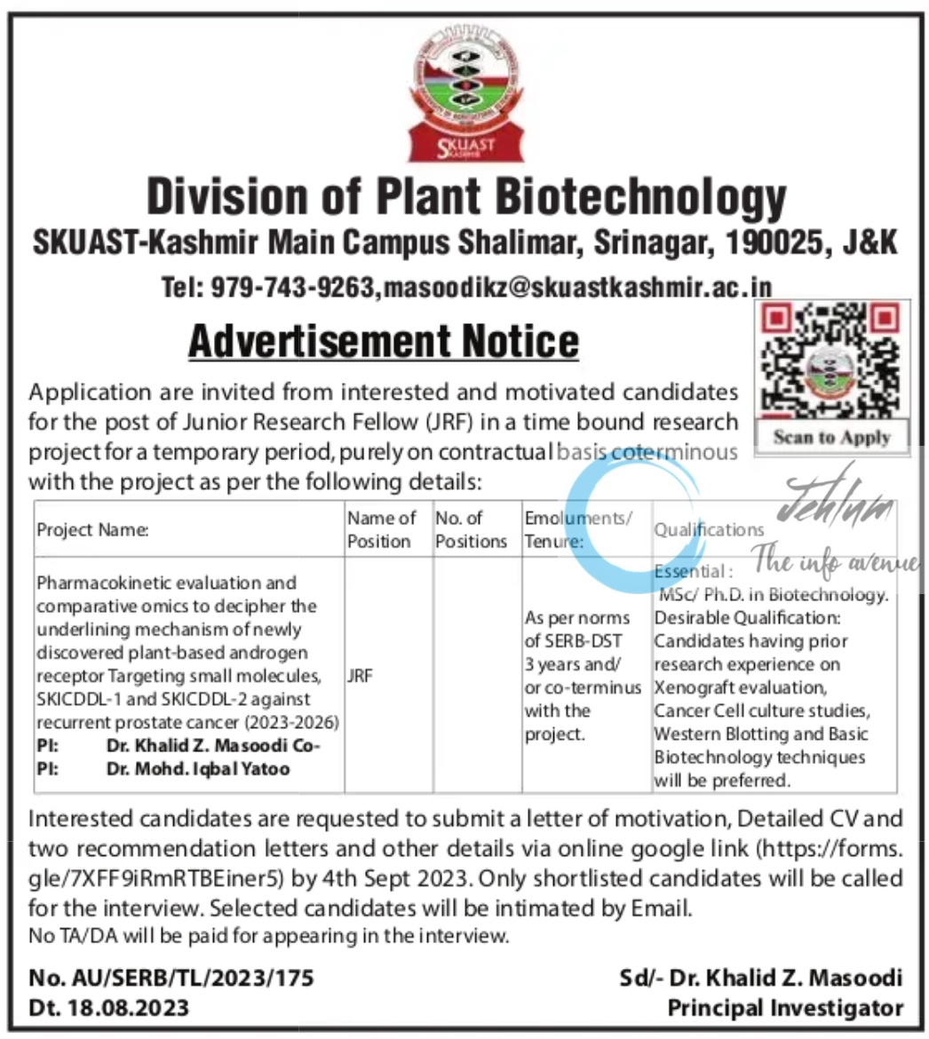 SKUAST KASHMIR Division of Plant Biotechnology JRF Notification 2023
