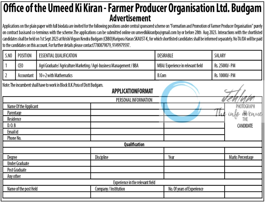 Umeed Ki Kiran-Farmer Producer Organisation Ltd Budgam Jobs Notification 2023