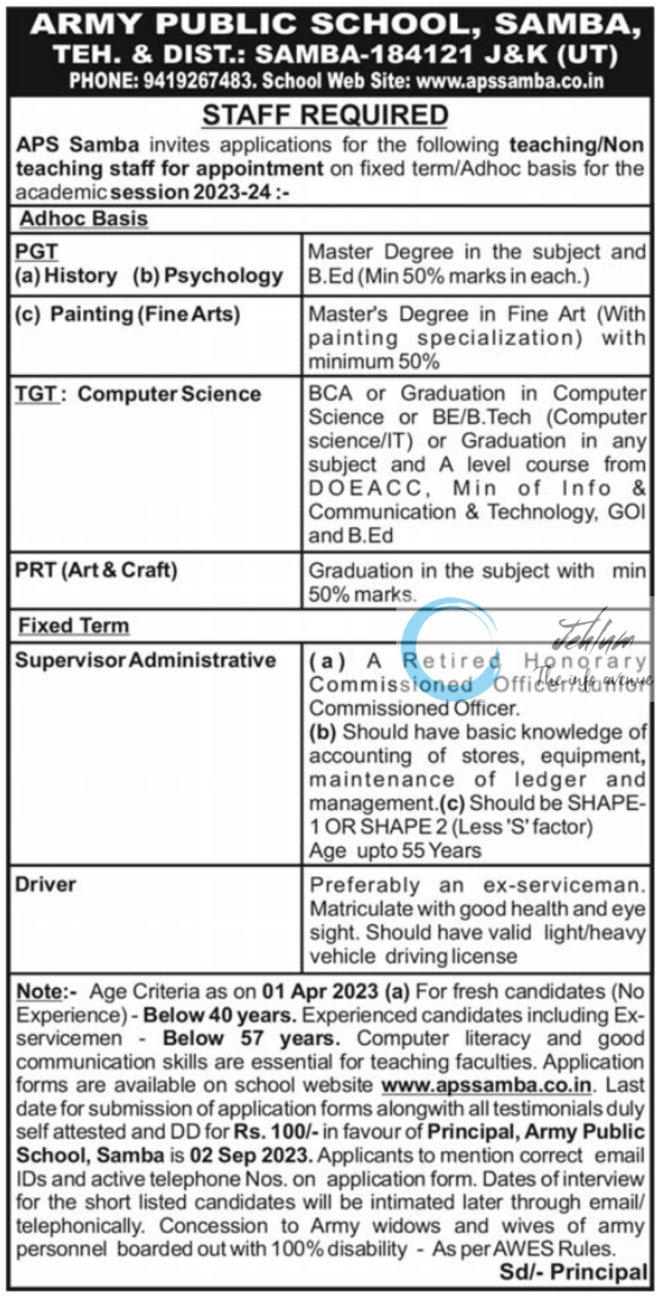 ARMY PUBLIC SCHOOL SAMBA JOBS NOTIFICATION 2023