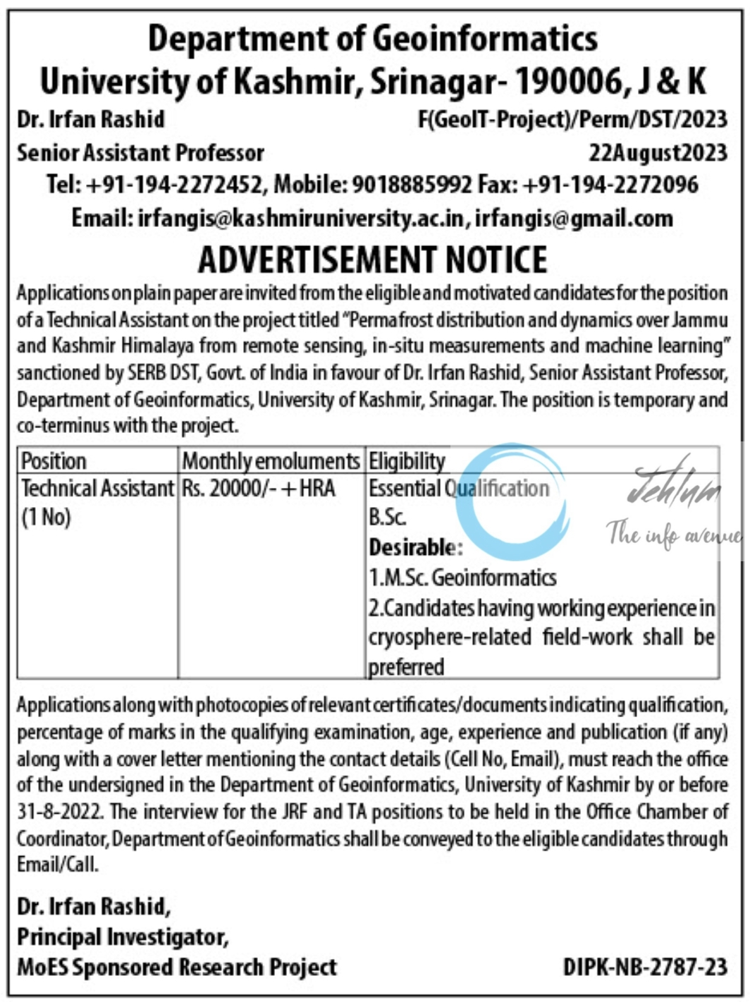 Deptt of Geoinformatics University of Kashmir Jobs Notification 2023