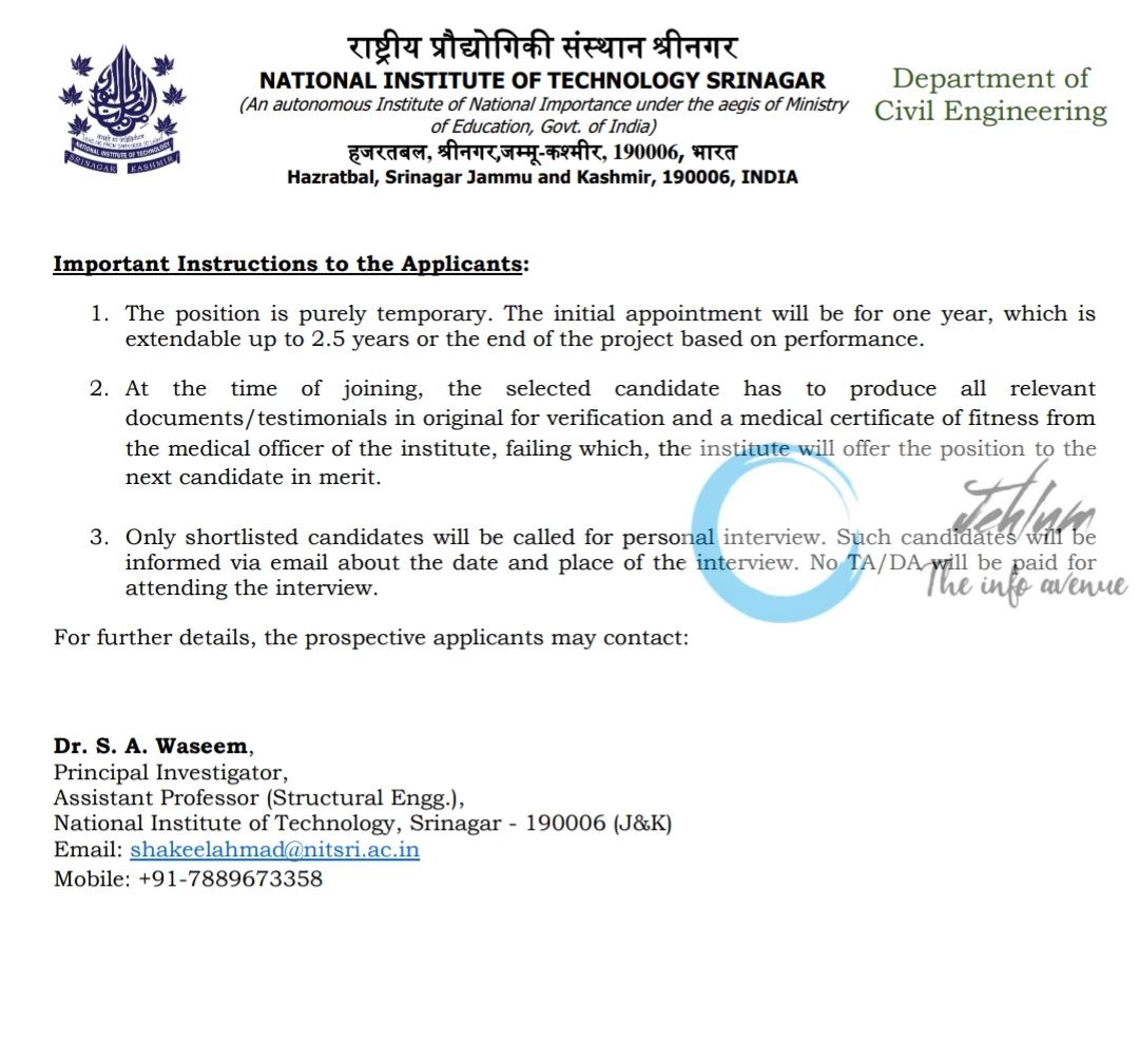NIT SRINAGAR Deptt of Civil Engineering JRF Notification 2023