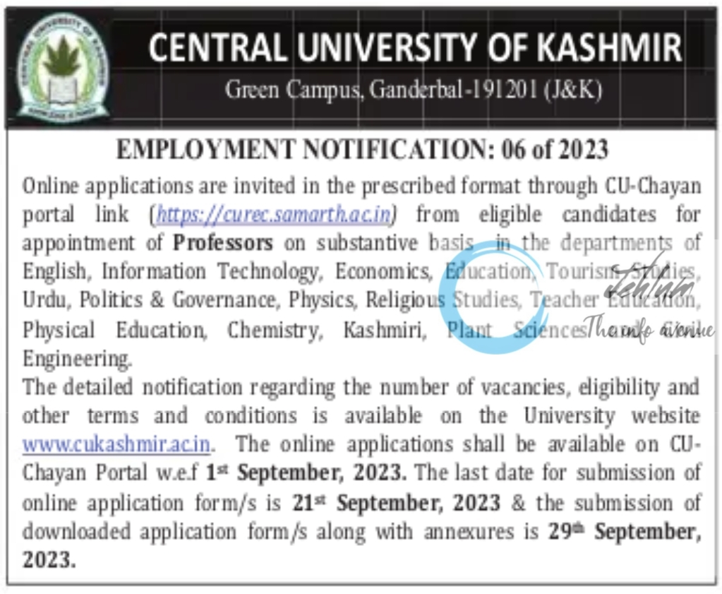 CENTRAL UNIVERSITY OF KASHMIR JOBS NOTIFICATION NO 06 OF 2023