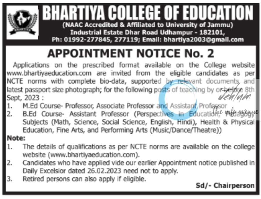 BHARTIYA COLLEGE OF EDUCATION UDHAMPUR JOBS NOTIFICATION NO 02 OF 2023