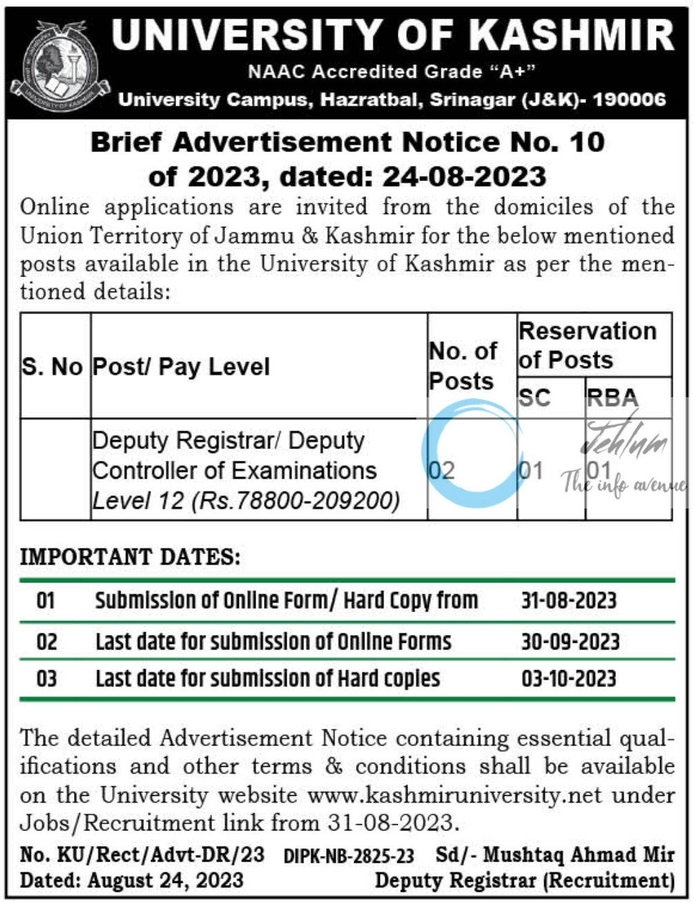 UNIVERSITY OF KASHMIR Jobs Advertisement Notice No 10 of 2023