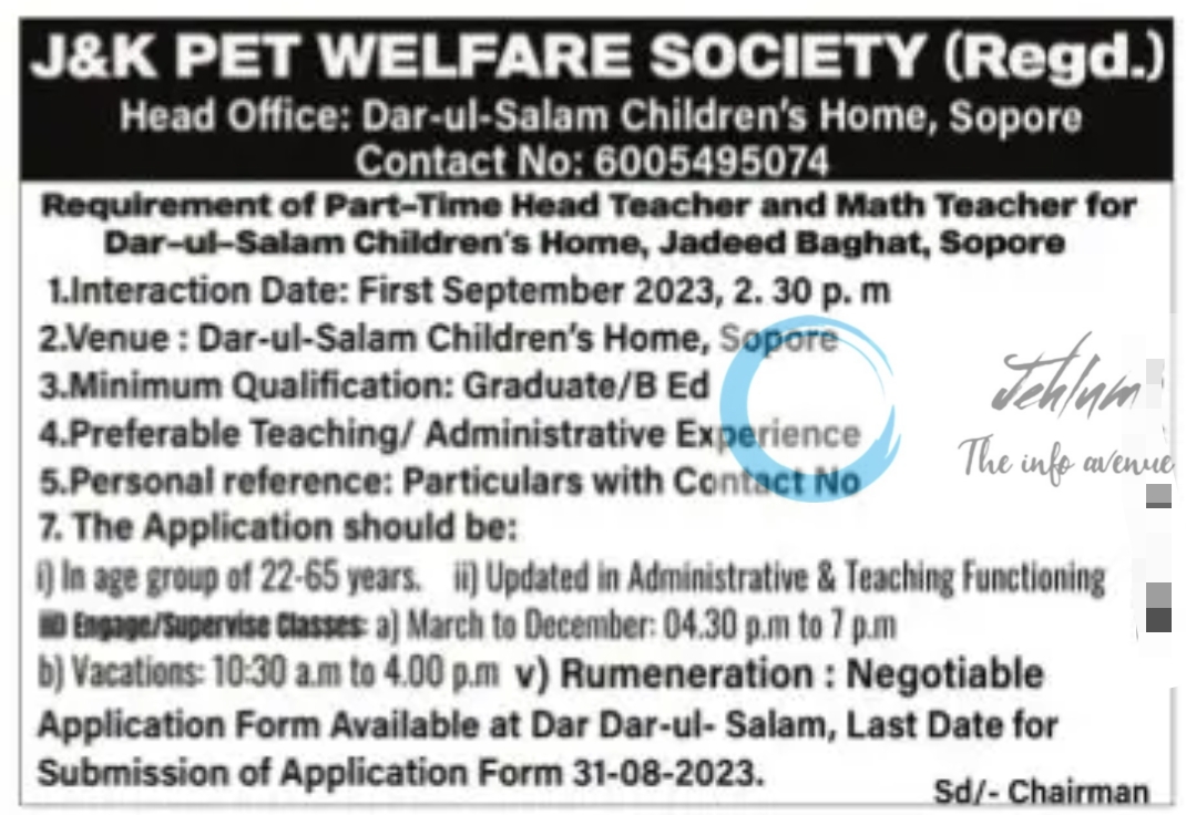 J&K PET WELFARE SOCIETY Part-Time Head Teacher and Math Teacher Jobs Advertisement 2023