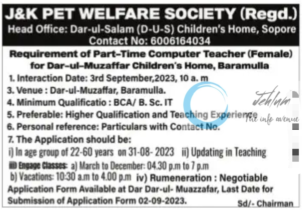 J&K PET WELFARE SOCIETY Dar-ul-Salam Childrens Home Computer Teacher Jobs Notification 2023