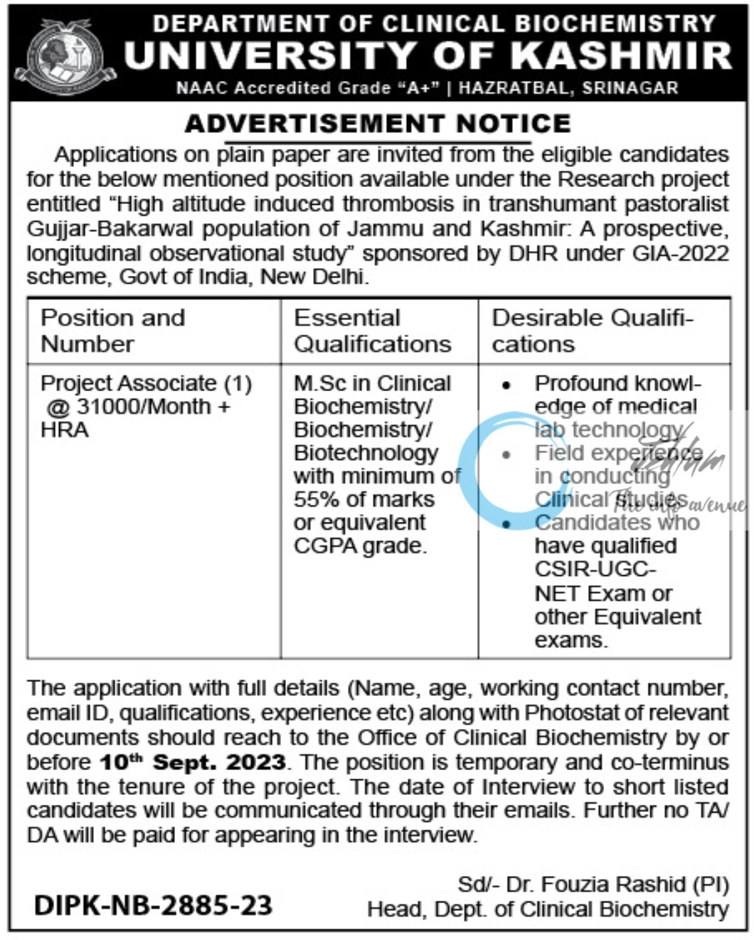 DEPTT OF CLINICAL BIOCHEMISTRY UNIVERSITY OF KASHMIR JOBS NOTIFICATION 2023