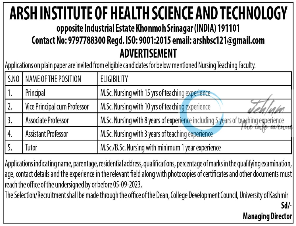 ARSH INSTITUTE OF HEALTH SCIENCE AND TECHNOLOGY SRINAGAR JOBS NOTIFICATION 2023