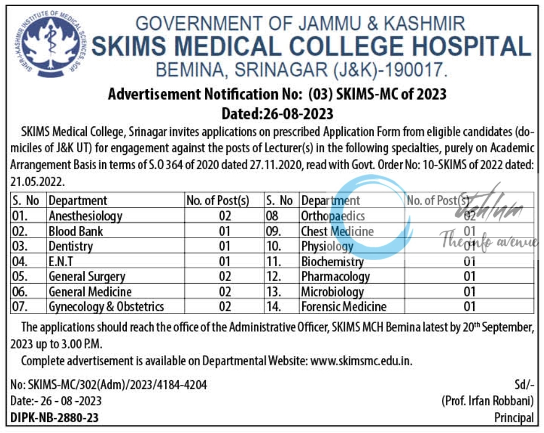 SKIMS Medical College Srinagar Academic Arrangement Notification