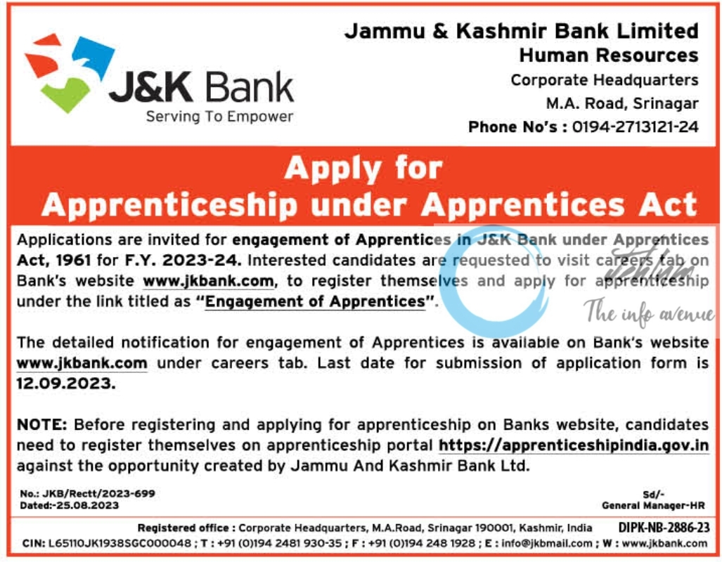Jammu & Kashmir Bank JK Bank Limited Apprenticeship Notification 2023