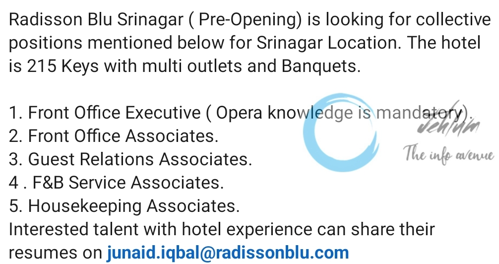 Radisson Blu Srinagar Jobs Notification 2023
