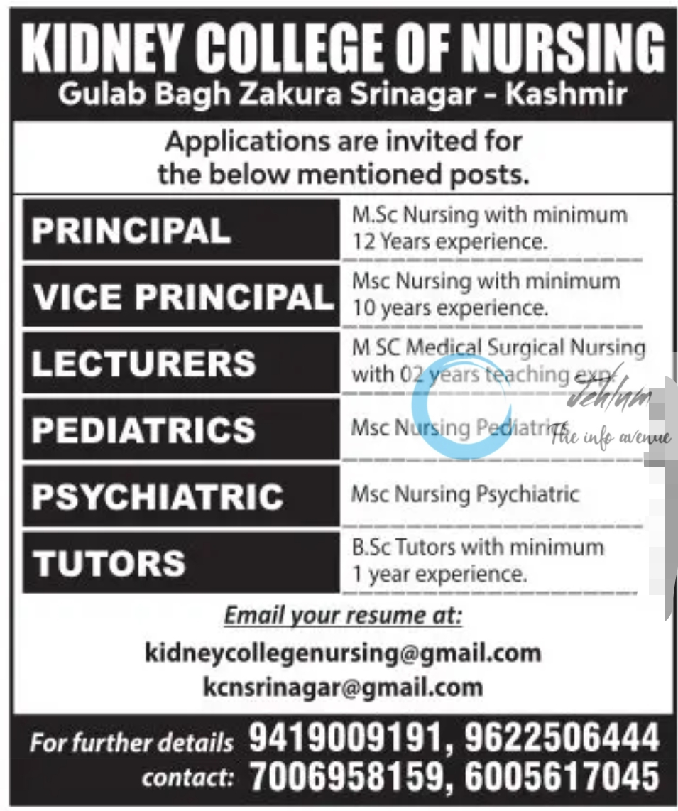 KIDNEY COLLEGE OF NURSING SRINAGAR JOBS NOTIFICATION 2023