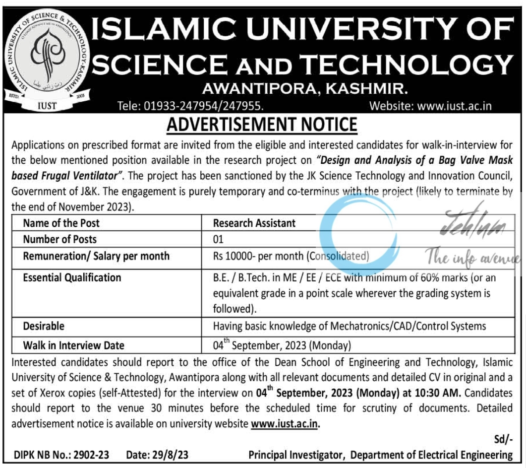 ISLAMIC UNIVERSITY OF SCIENCE AND TECHNOLOGY IUST KASHMIR JOBS NOTIFICATION 2023