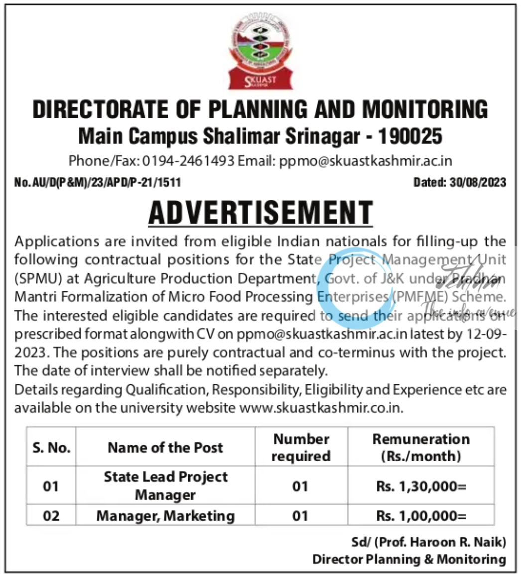 SKUAST KASHMIR DIRECTORATE OF PLANNING AND MONITORING JOBS NOTIFICATION 2023