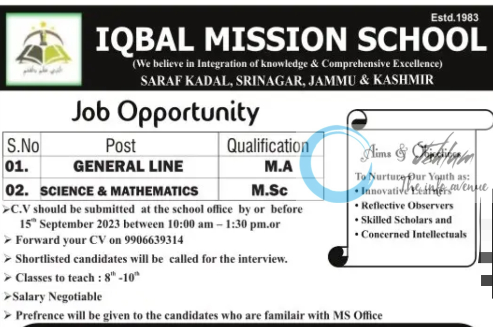 IQBAL MISSION SCHOOL SRINAGAR JOBS OPENINGS 2023