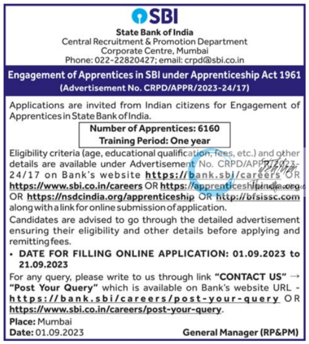 State Bank of India SBI Apprenticeship Notification 2023