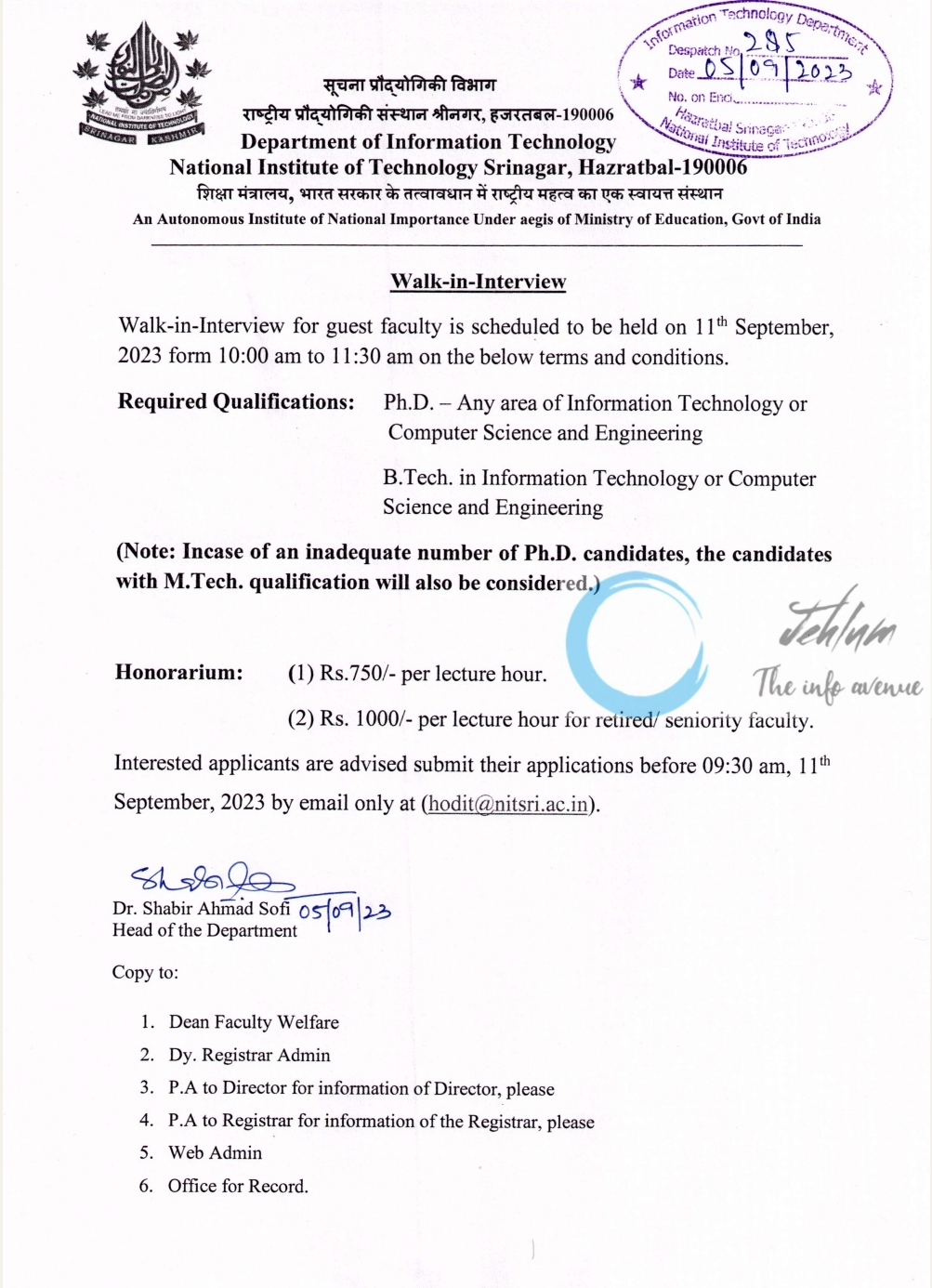 NIT Srinagar Dept of Information Technology Guest Faculty Jobs Notification 2023