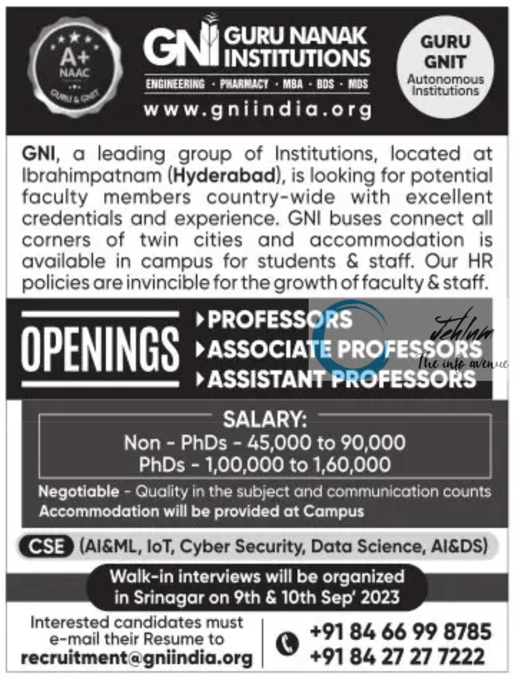 GNI GURU NANAK INSTITUTIONS JOBS ADVERTISEMENT NOTIFICATION 2023