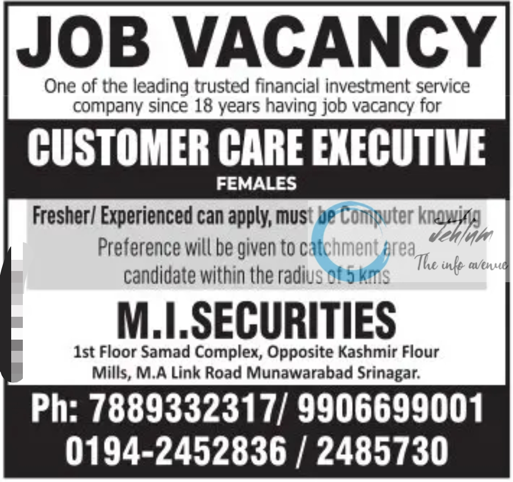 M I SECURITIES SRINAGAR JOBS OPENINGS 2023