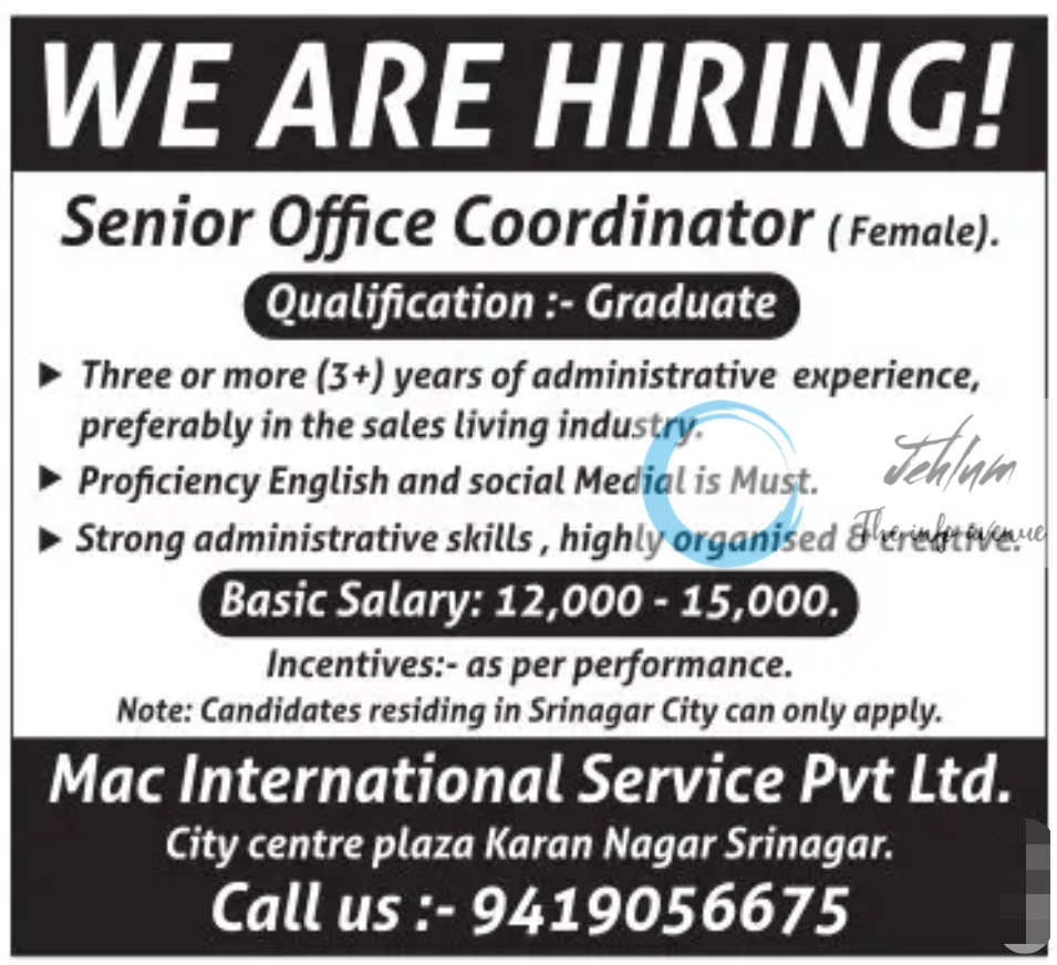 Mac International Service Pvt Ltd Srinagar Jobs 2023