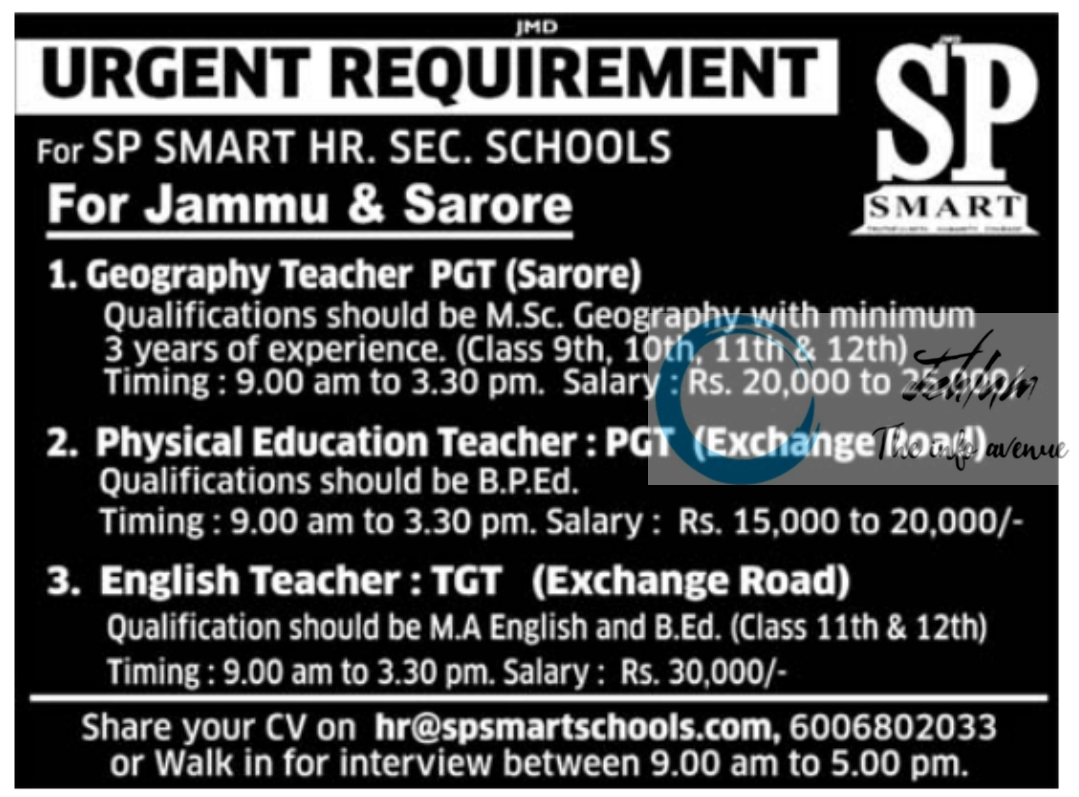 SP SMART HR SEC SCHOOLS JAMMU JOBS 2023