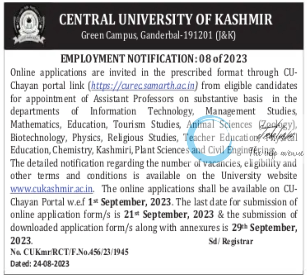 CENTRAL UNIVERSITY OF KASHMIR EMPLOYMENT NOTIFICATION NO 08 OF 2023